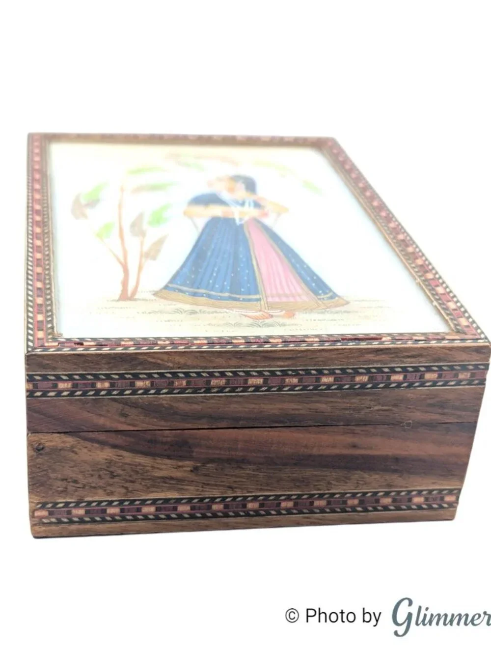 Vintage Indian Inlay Rajasthani Art Blue Lined Glass Lid Wood Jewelry Box